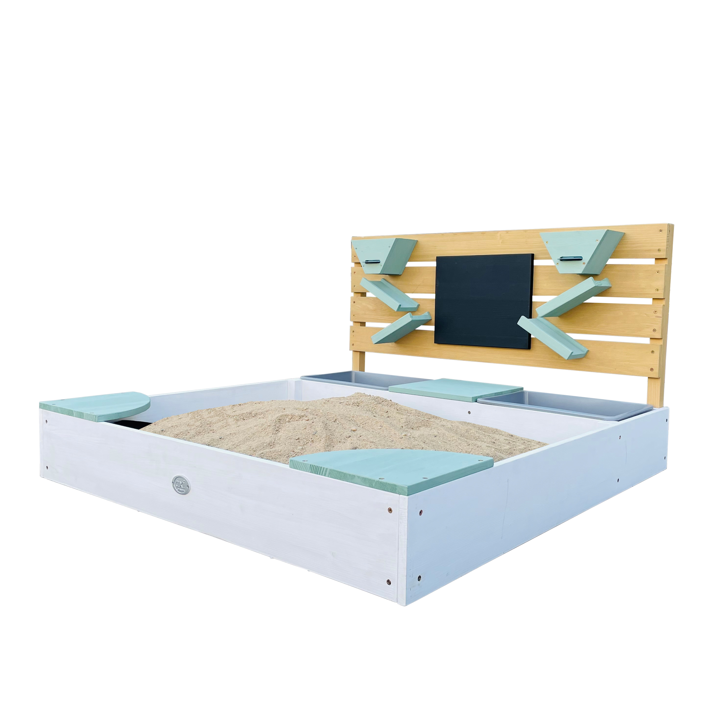 Cato sandbox with bins and play wall White/green