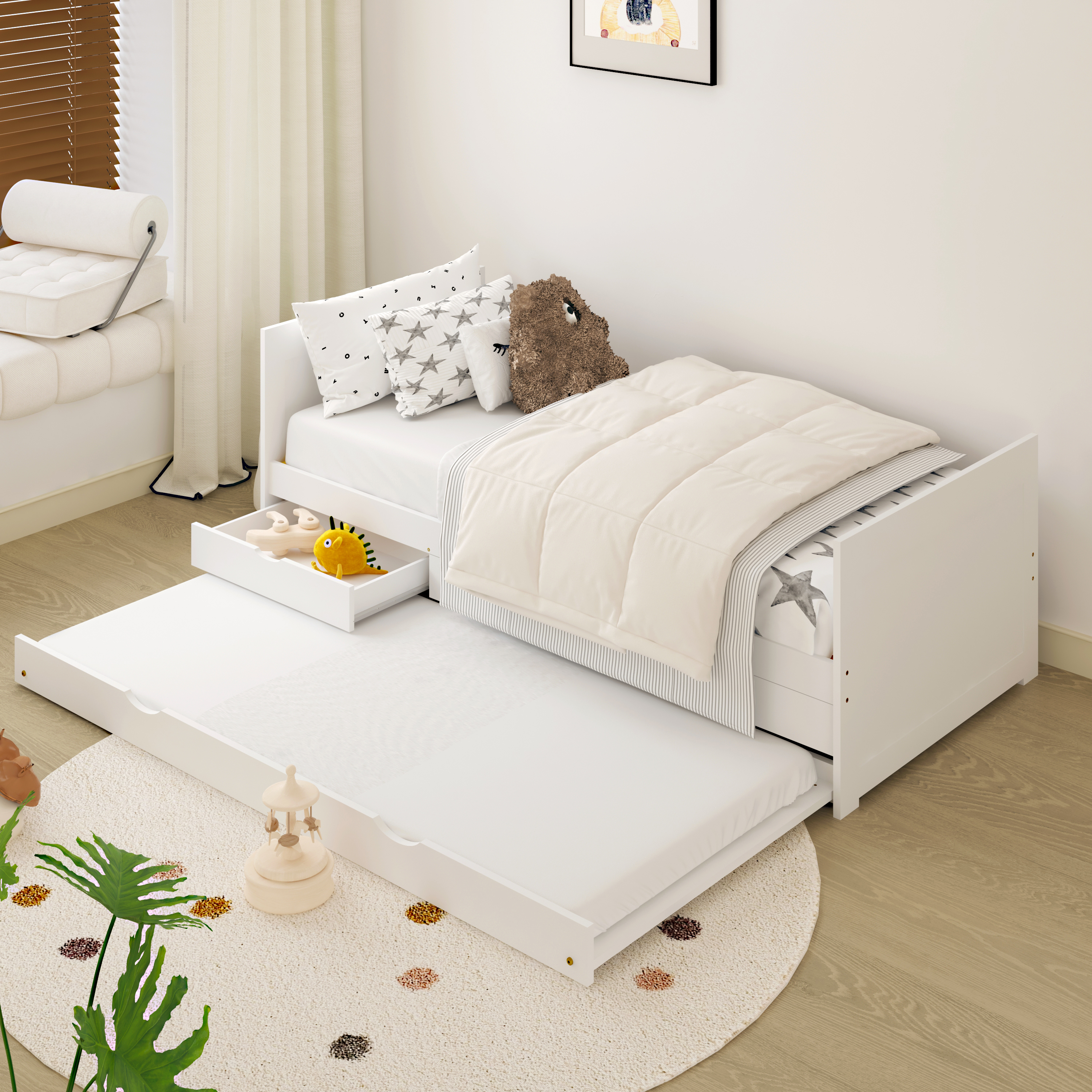Eli Kids Bed with Trundle White – With Mattress