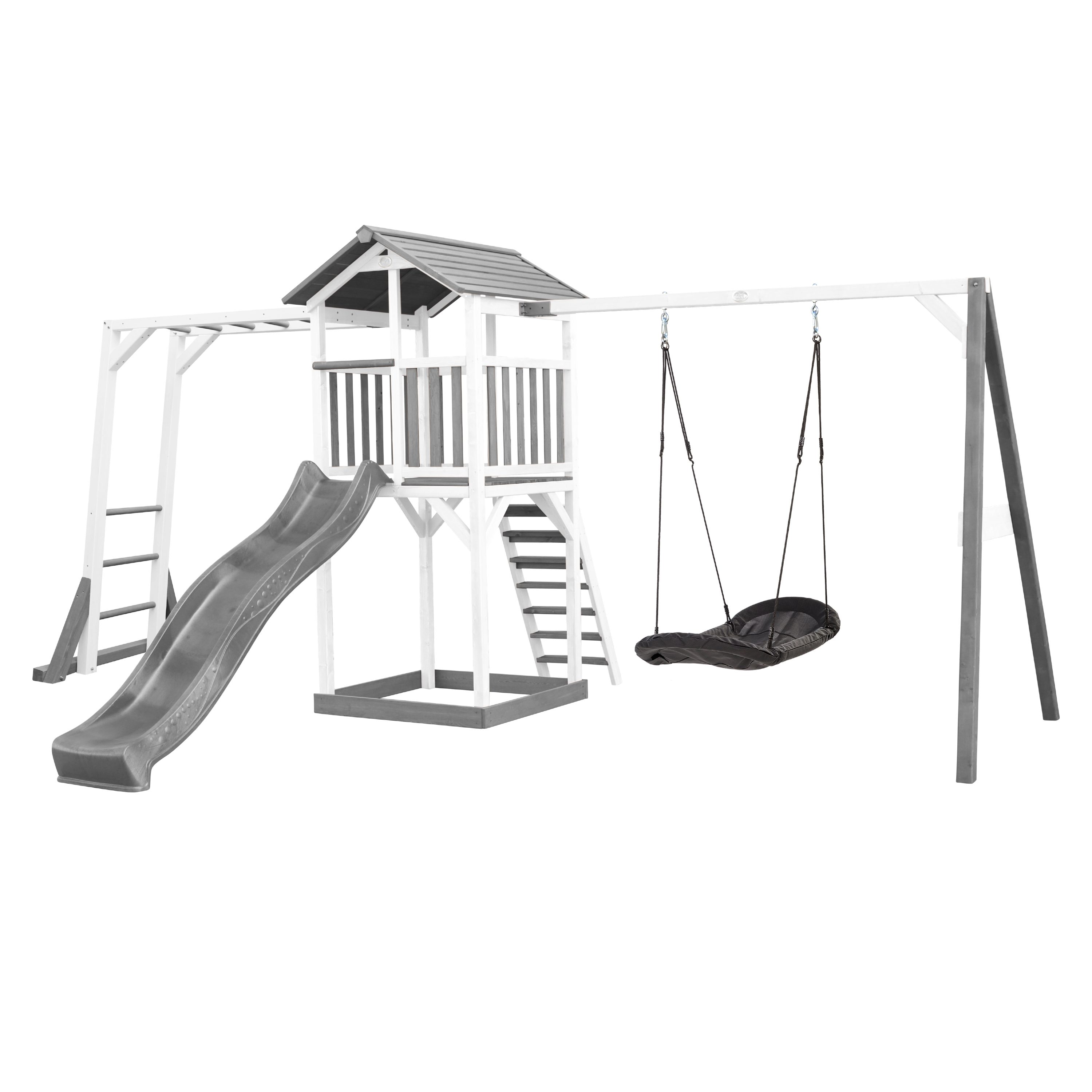 Beach Tower with Climbing Frame and Roxy Nest Swing Grey/White - Grey Slide