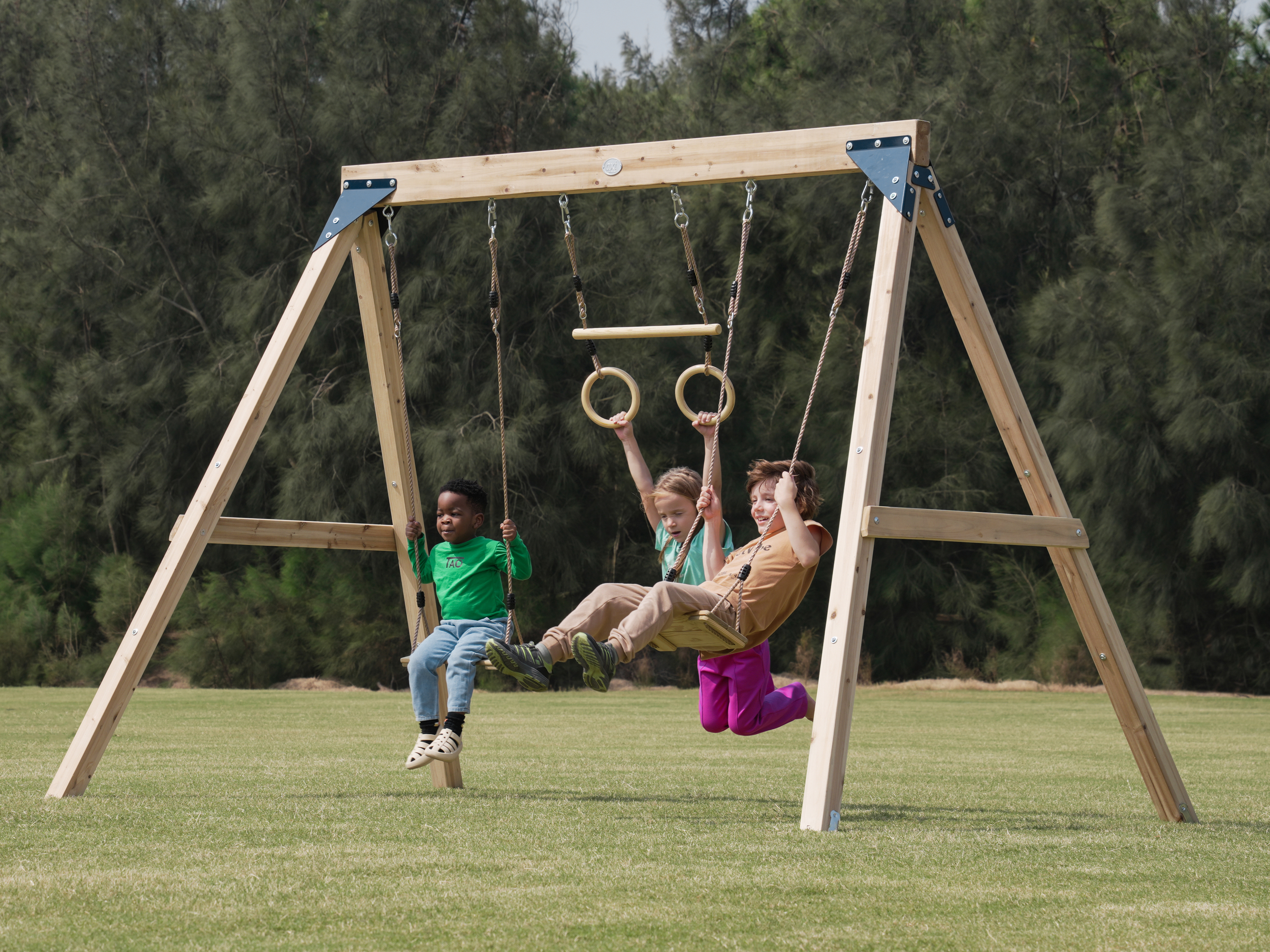 Maya Double wooden Swing with Trapeze Brown