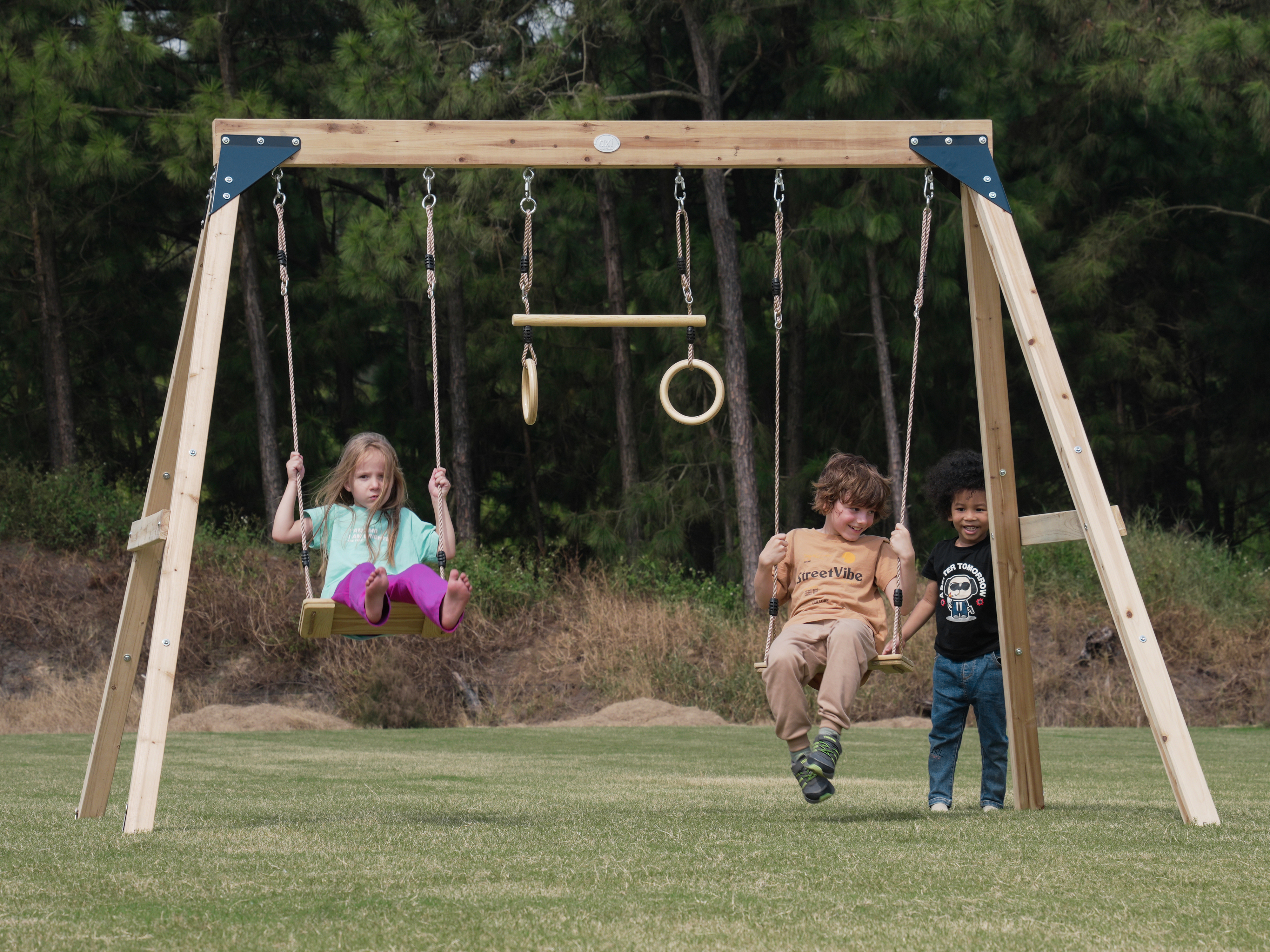 Maya Double wooden Swing with Trapeze Brown