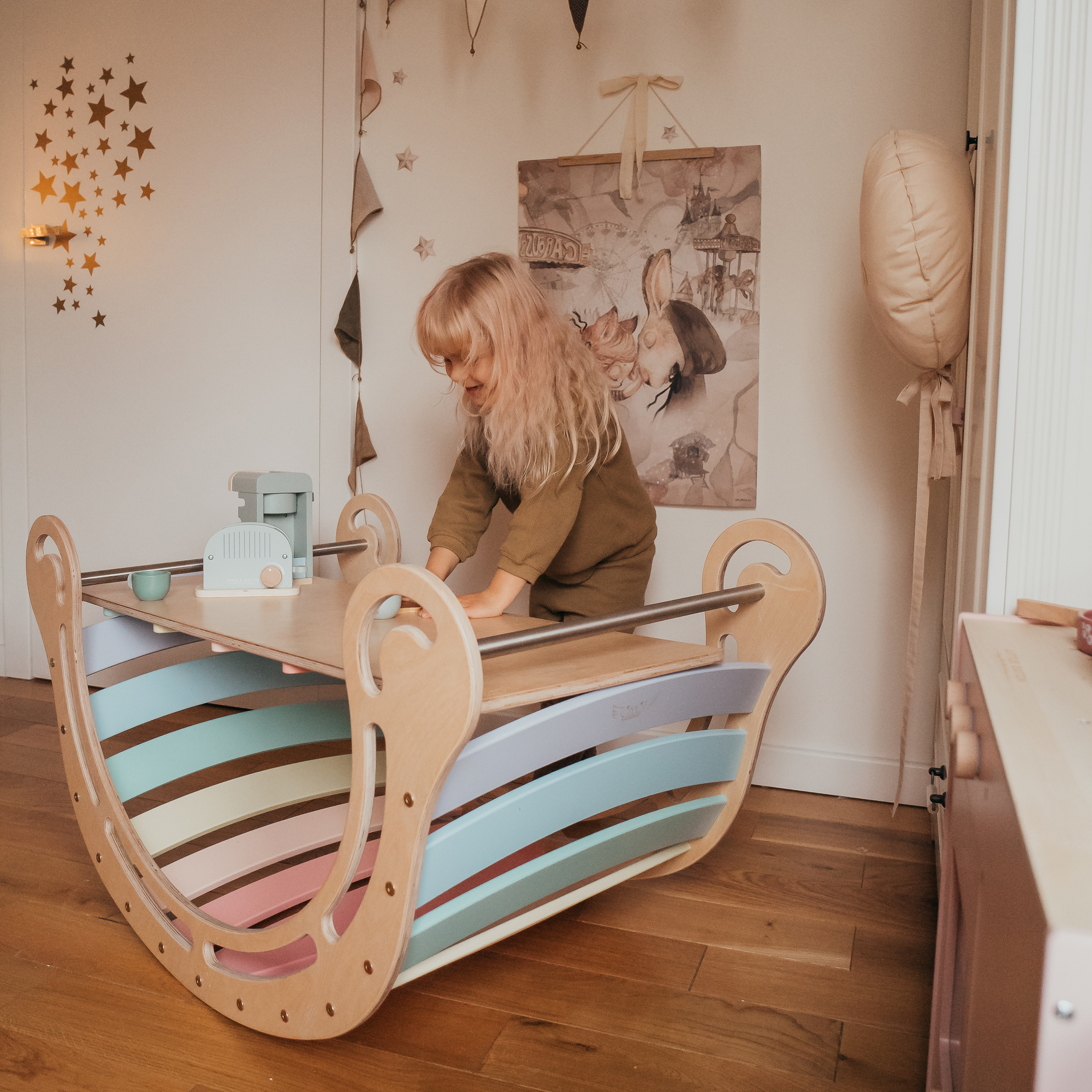 Houten XXL Rocker met Klimwand Pastel