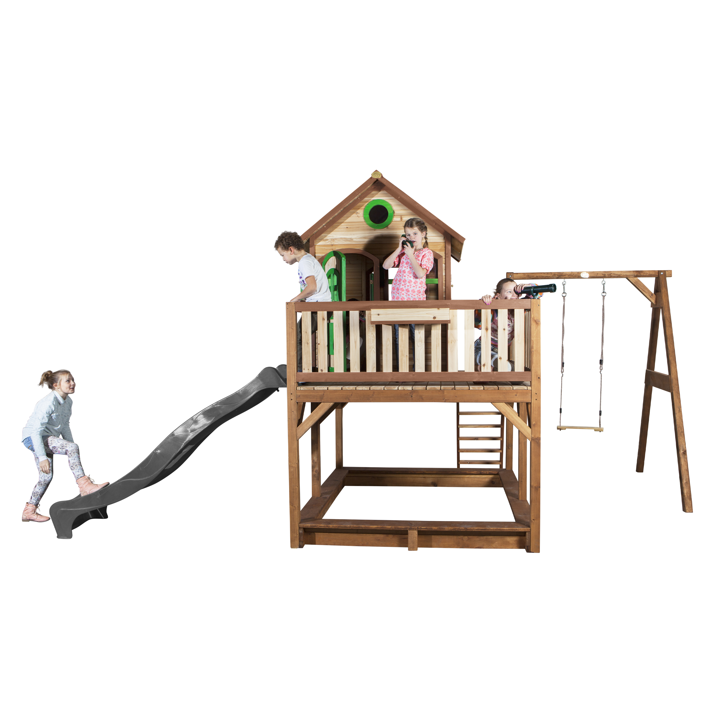 Liam Playhouse with Single Swing Brown/Green - Grey Slide