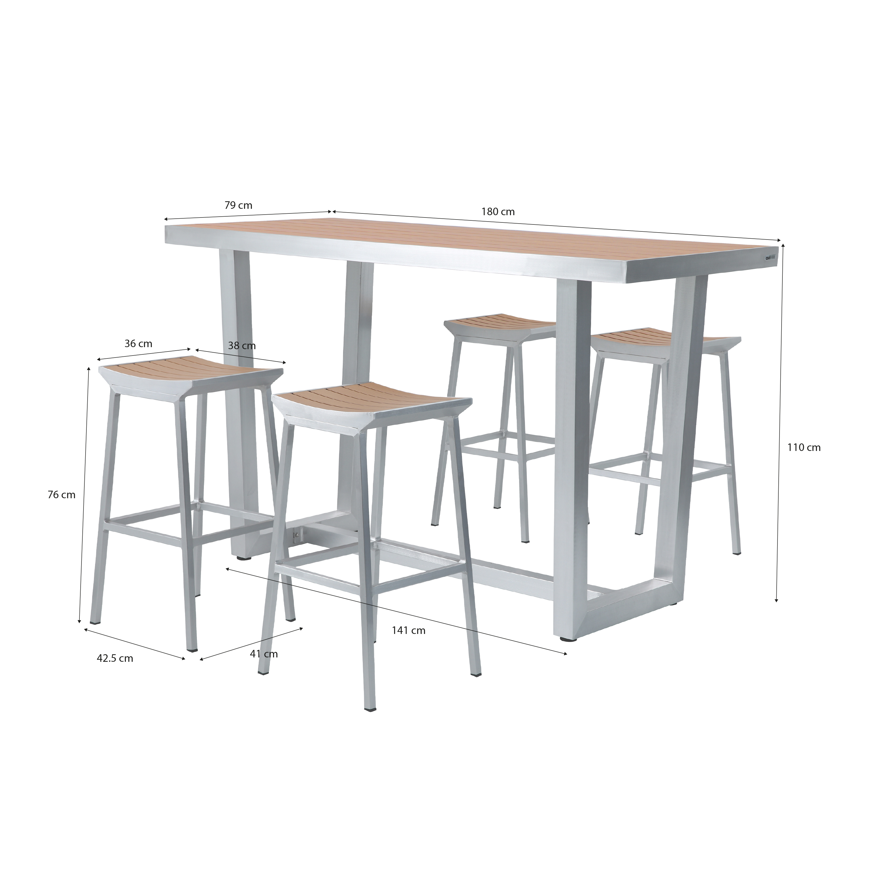 James Garten Bartisch mit 4 Barhockern aus Aluminium in Holz
