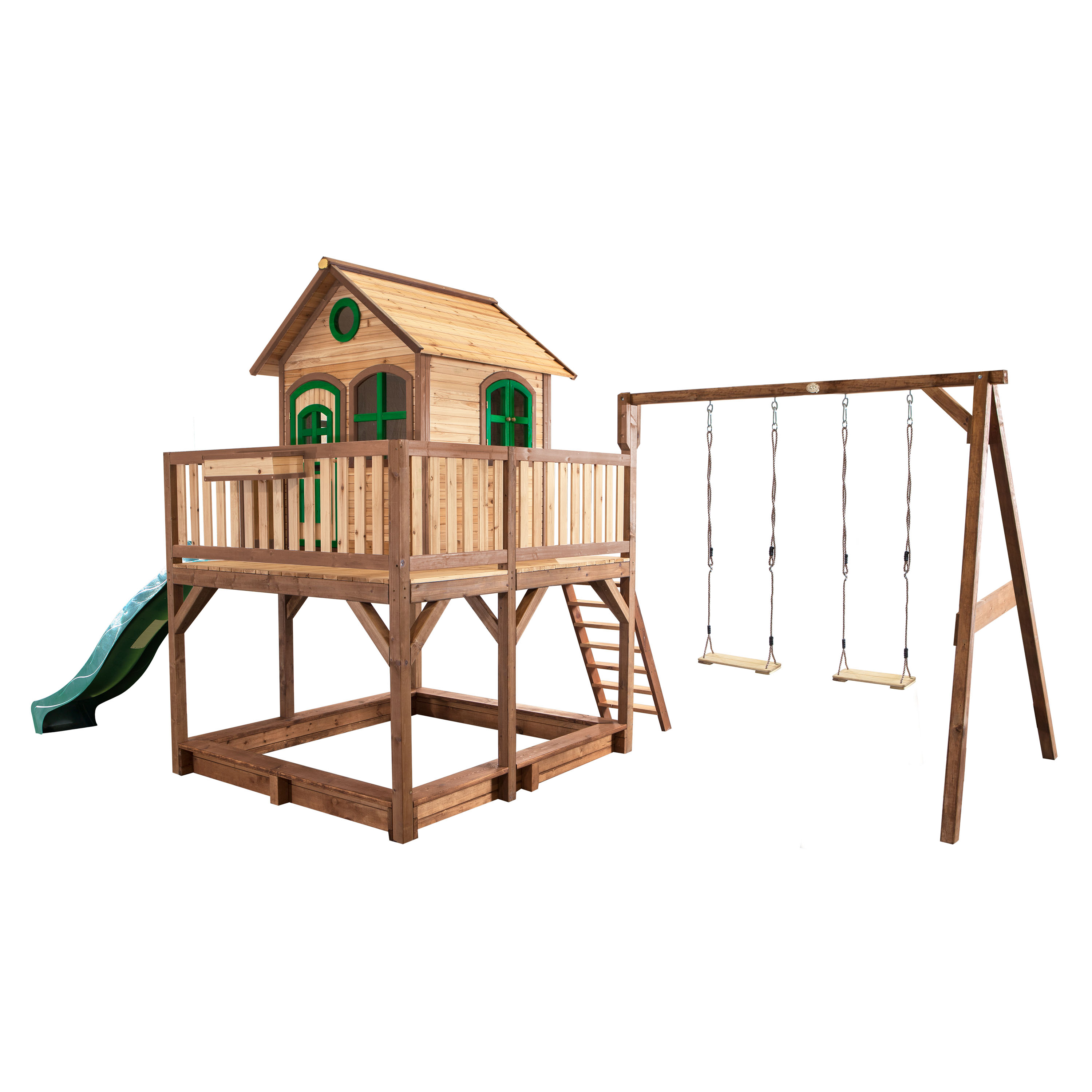 Liam Playhouse with Double Swing Brown/Green - Green Slide