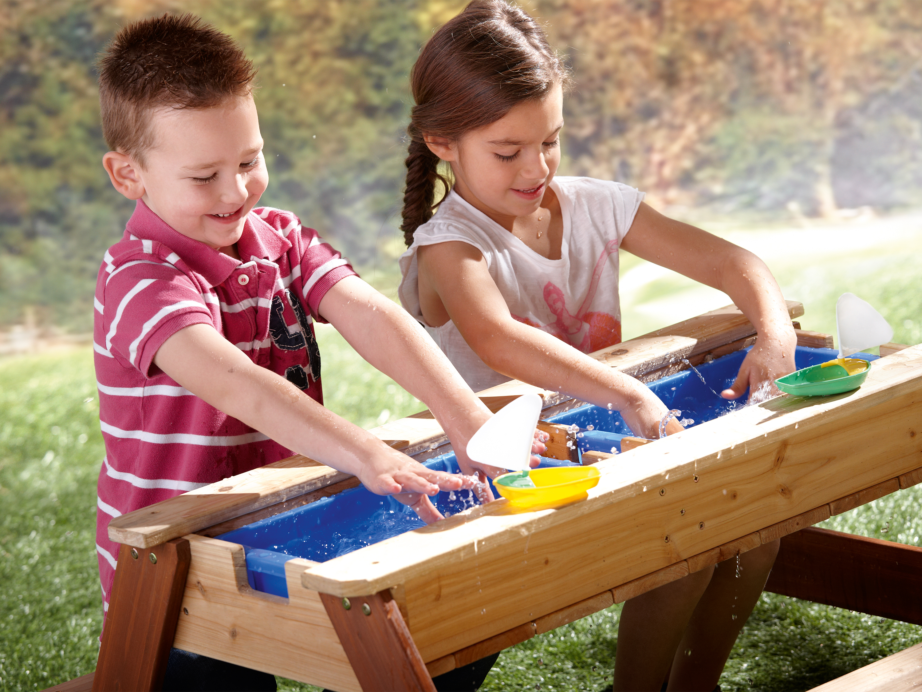 Nick Zand & Water Picknicktafel Bruin - Parasol Blauw/wit