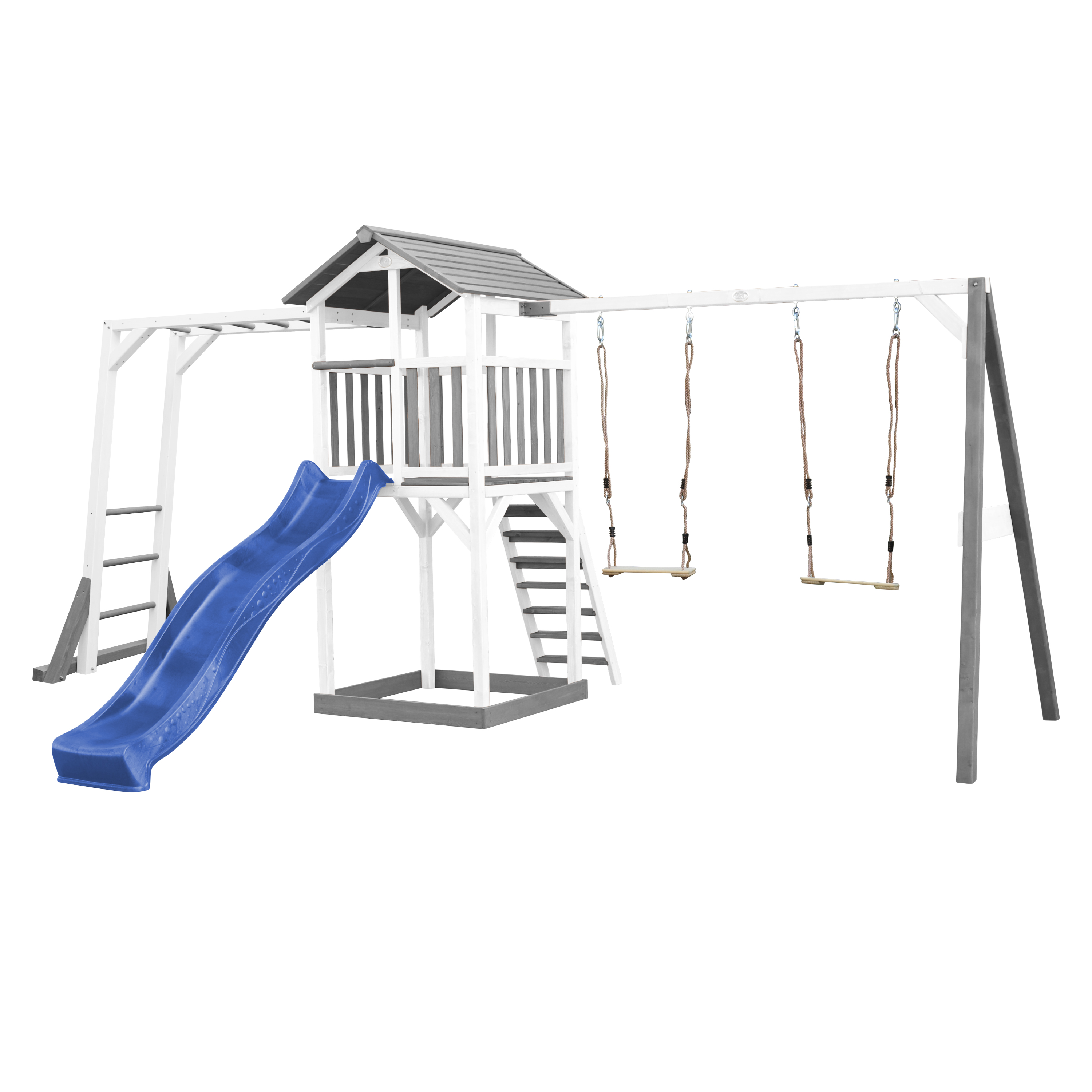 Beach Tower with Climbing Frame and Double Swing Grey/White - Blue Slide