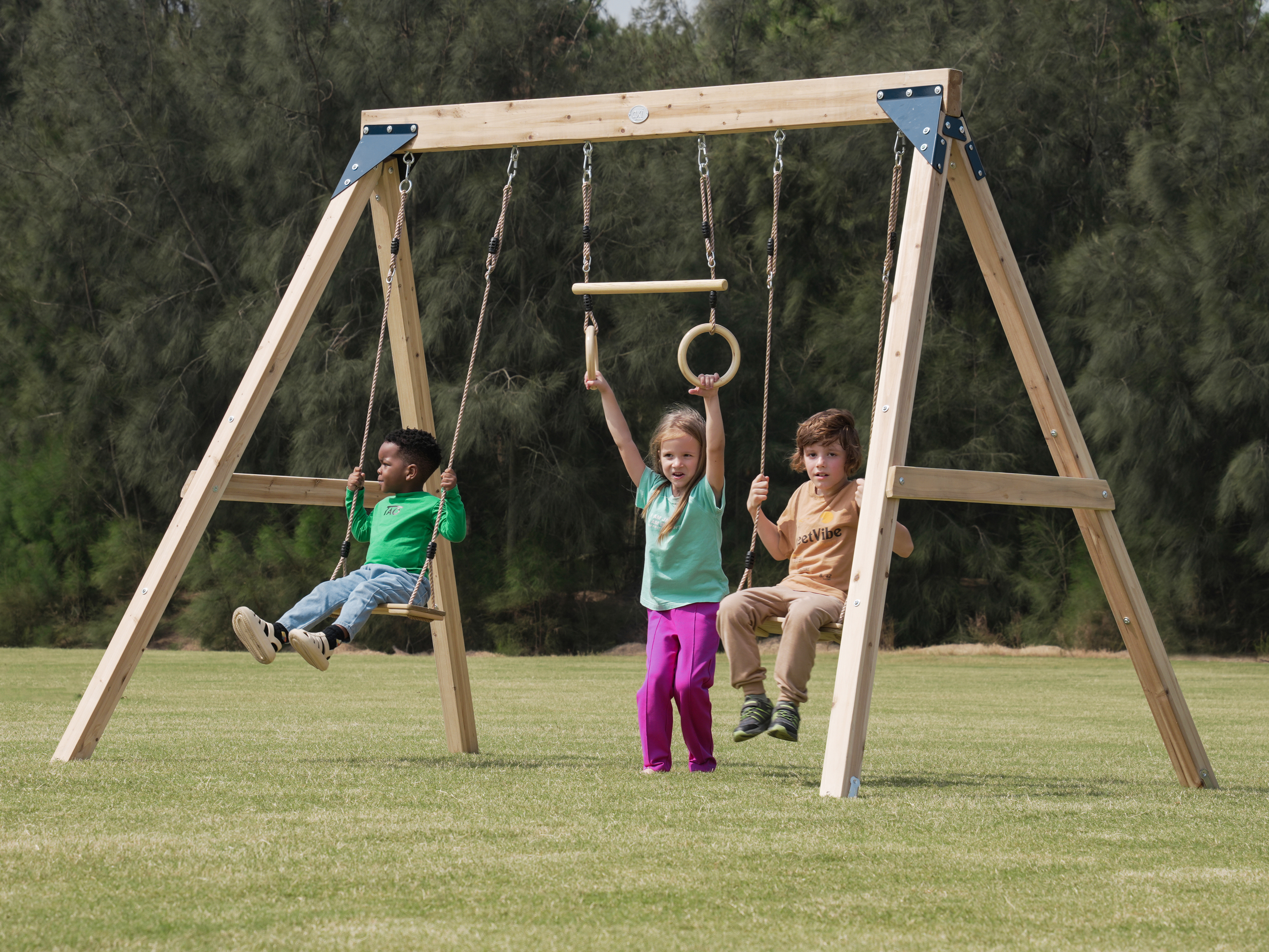 Maya Double wooden Swing with Trapeze Brown