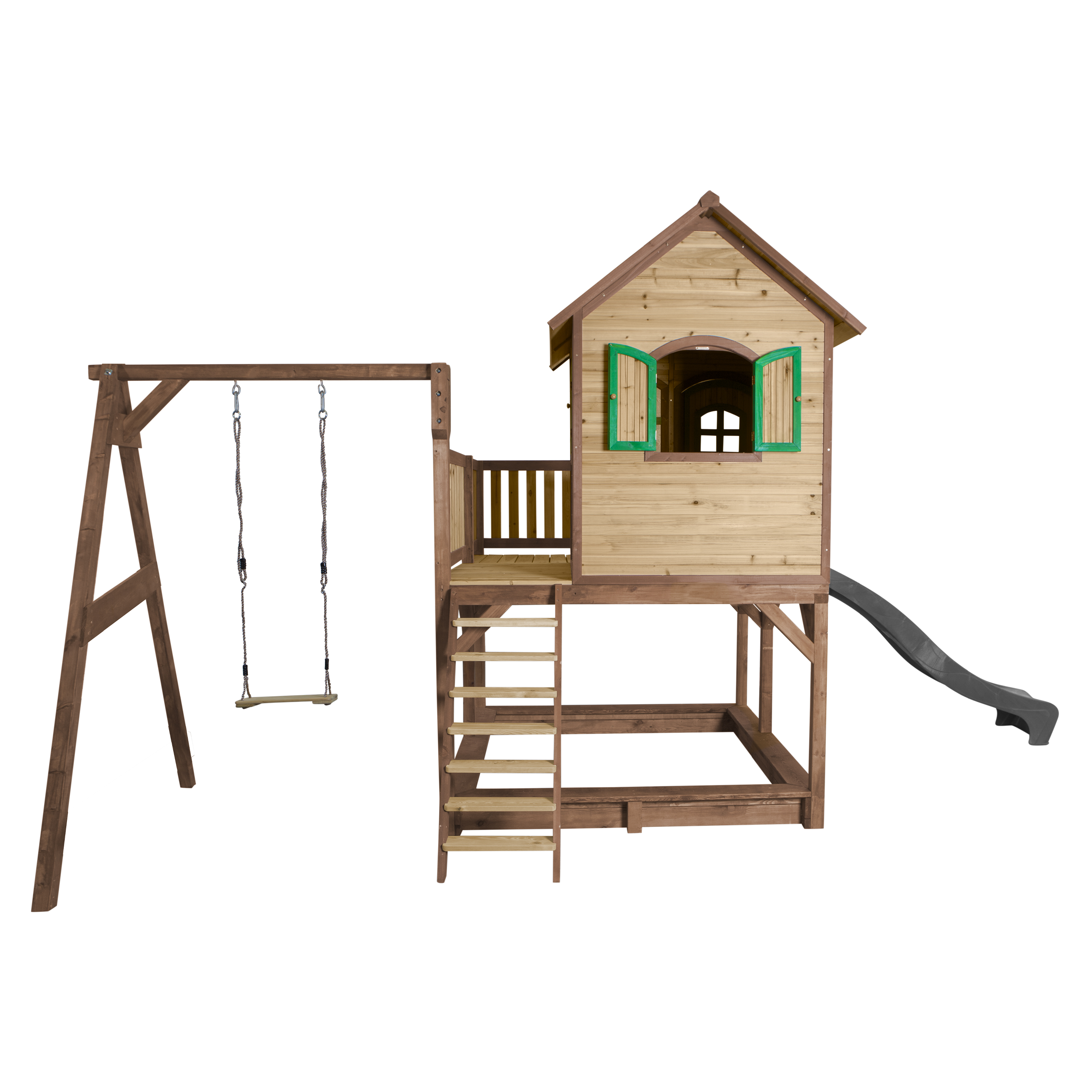 Liam Playhouse with Single Swing Brown/Green - Grey Slide