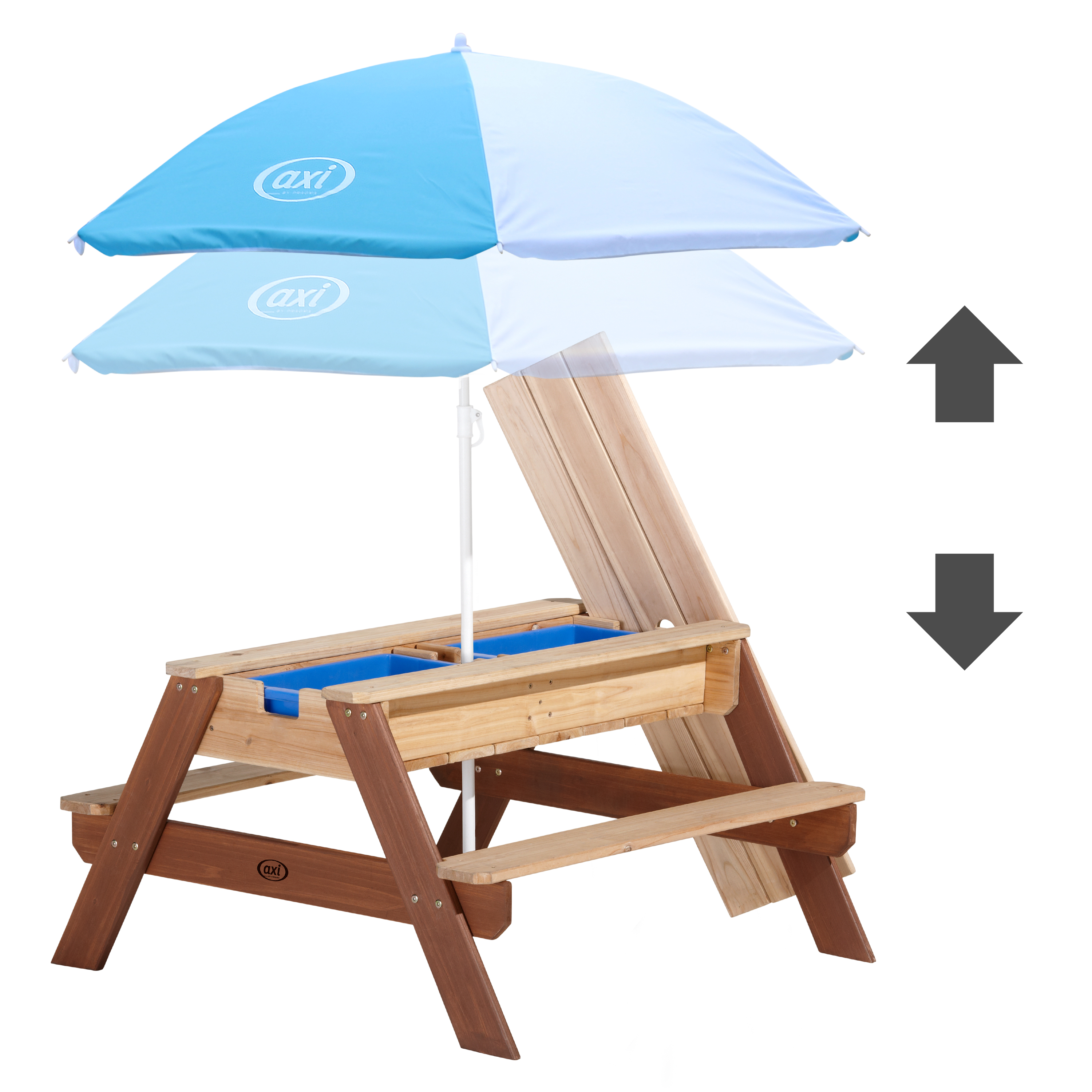 Nick Zand & Water Picknicktafel Bruin - Parasol Blauw/wit