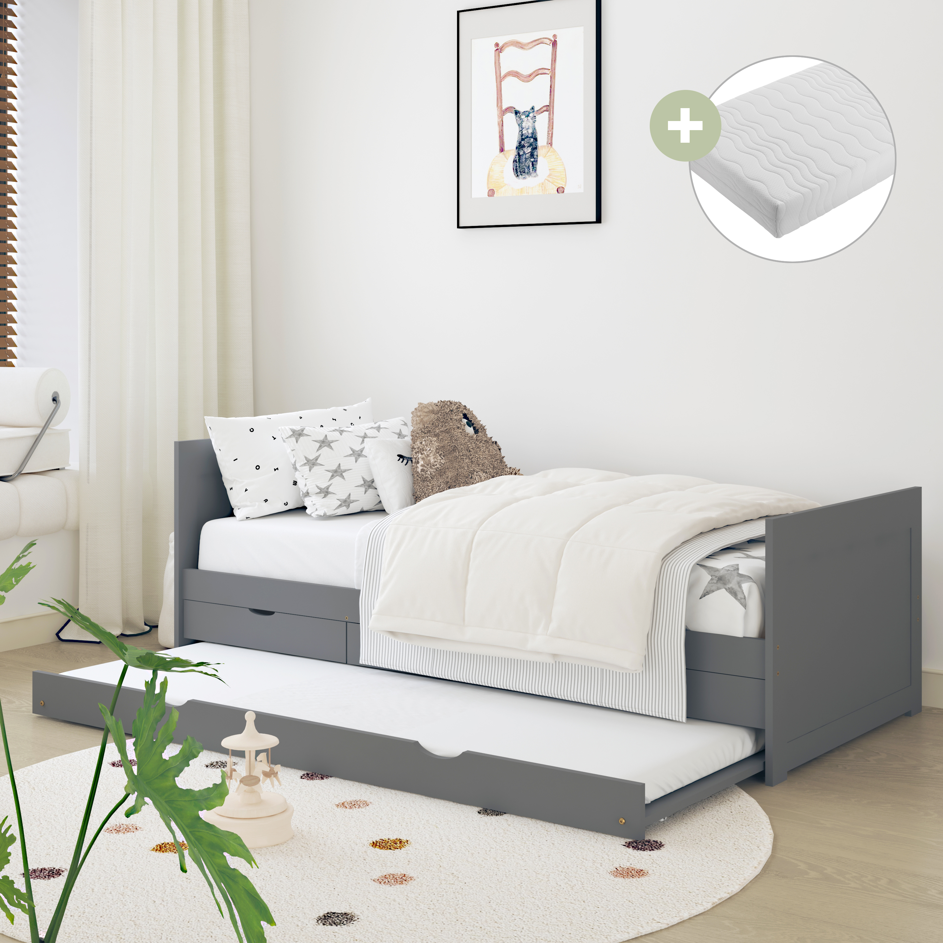 Eli Kids Bed with Trundle Grey – With Mattress