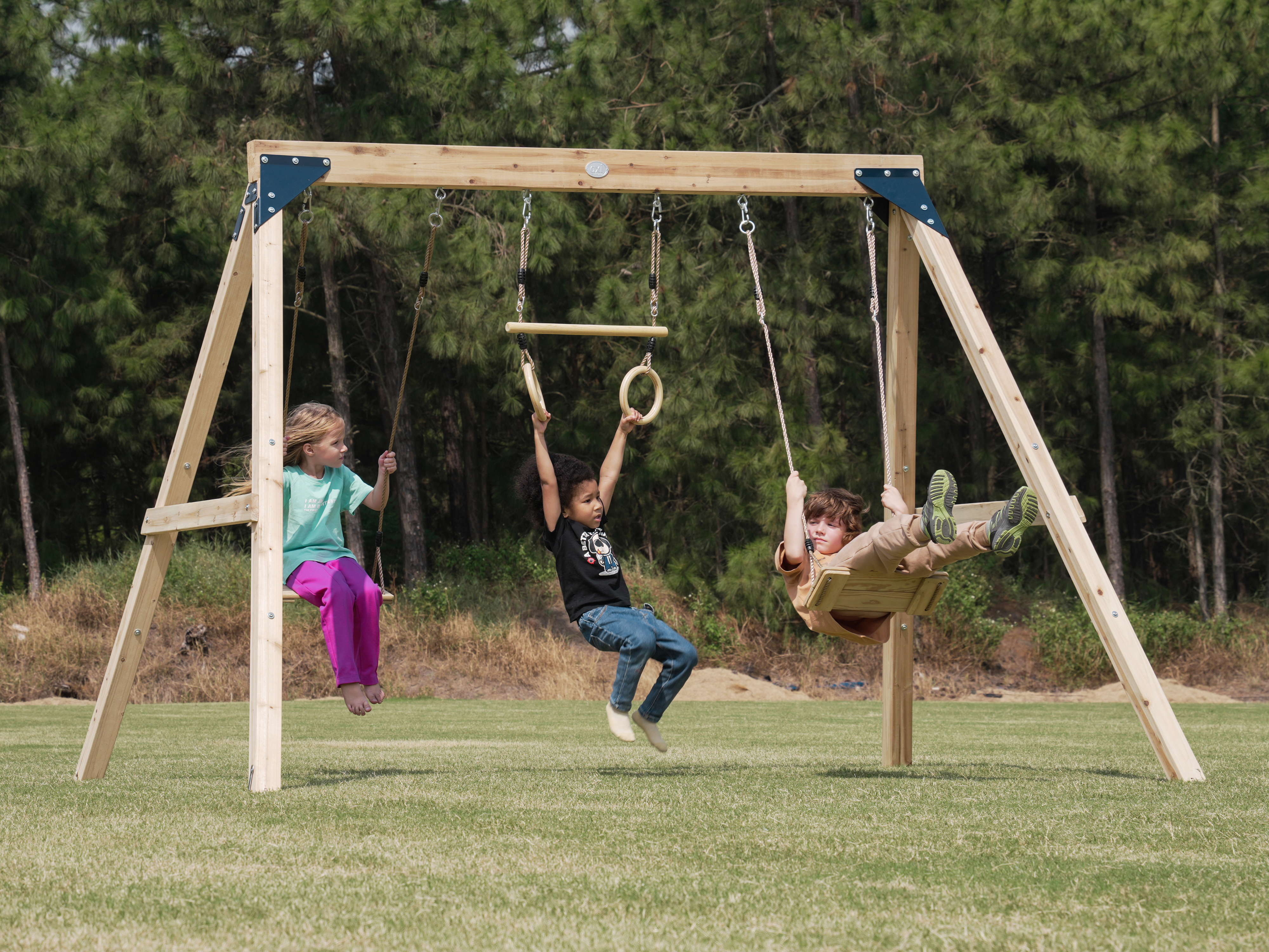Maya Double wooden Swing with Trapeze Brown