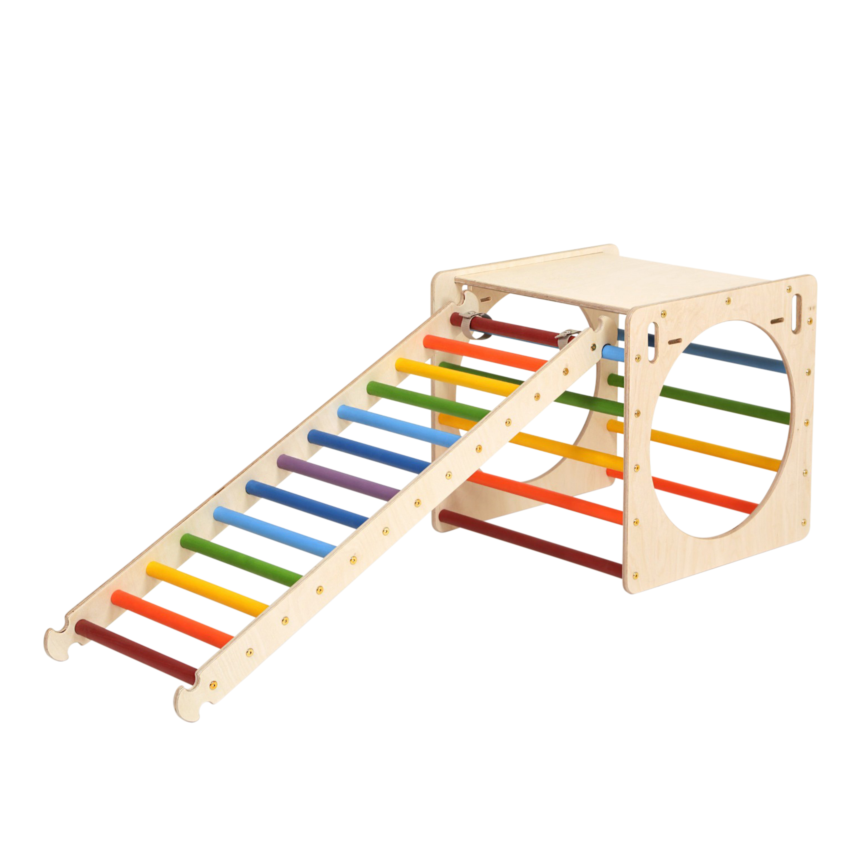 Houten Activiteiten Kubus met Ladder en Klimwand Regenboog Houten Activiteiten Kubus met Ladder en Klimwand Regenboog