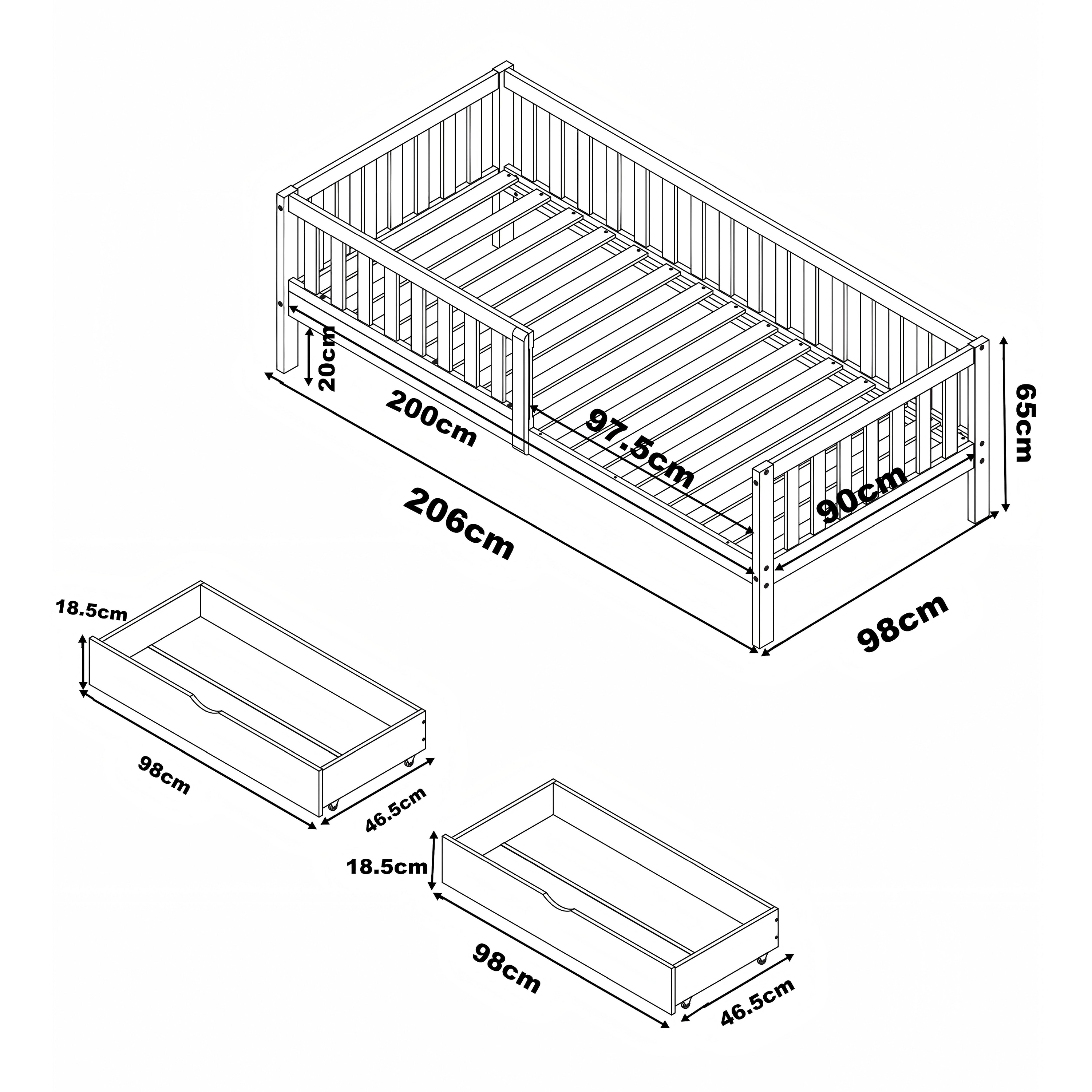 Isa Kids Bed with Storage Drawers Grey – Without Mattress