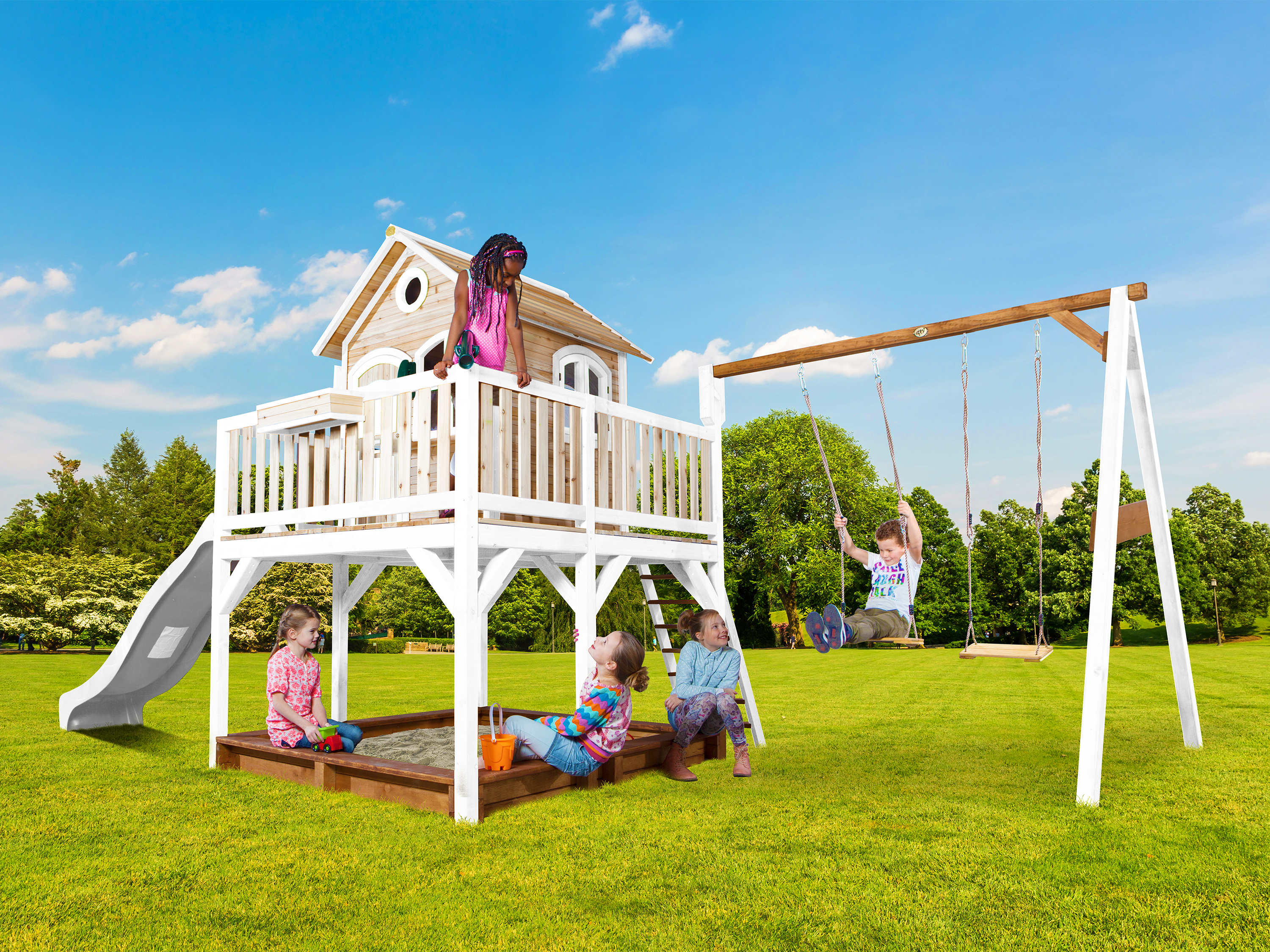 Liam Playhouse with Double Swing Brown/White - White Slide