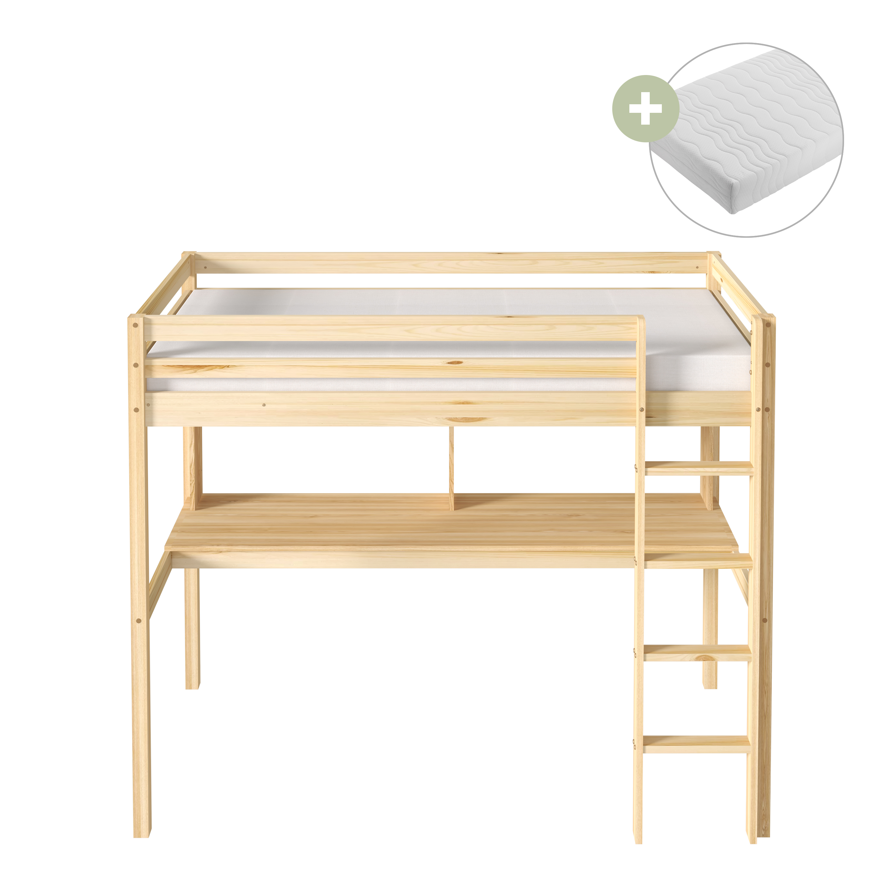 Sil Hochbett mit Schreibtisch Naturfarben – Mit Matratze