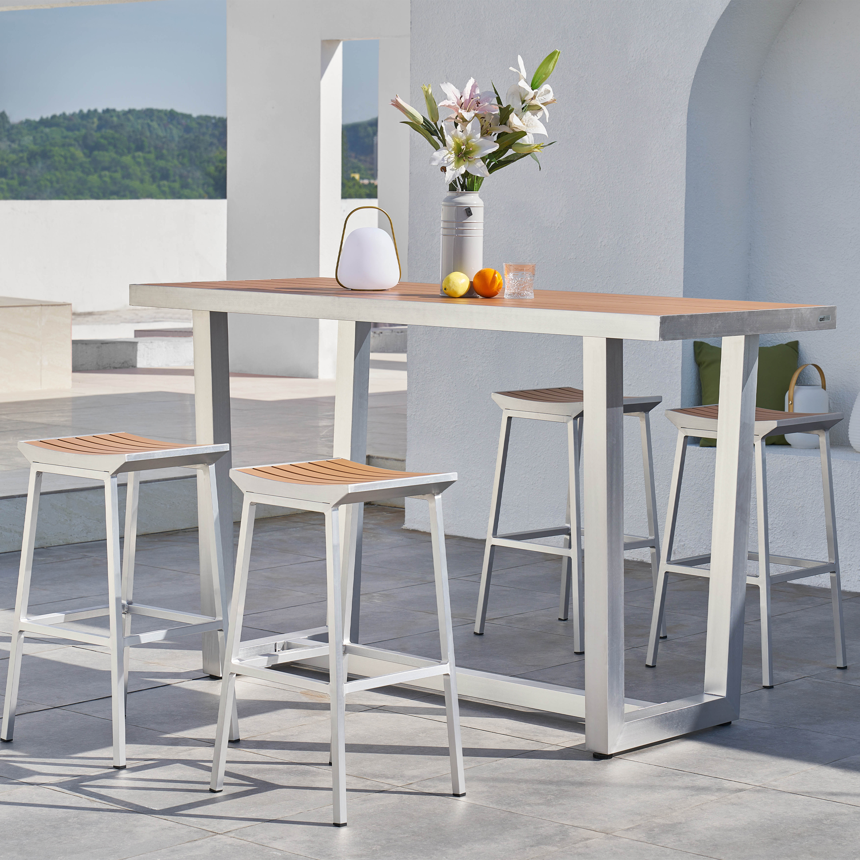 James Barset met 4 barkrukken Aluminium/hout-look