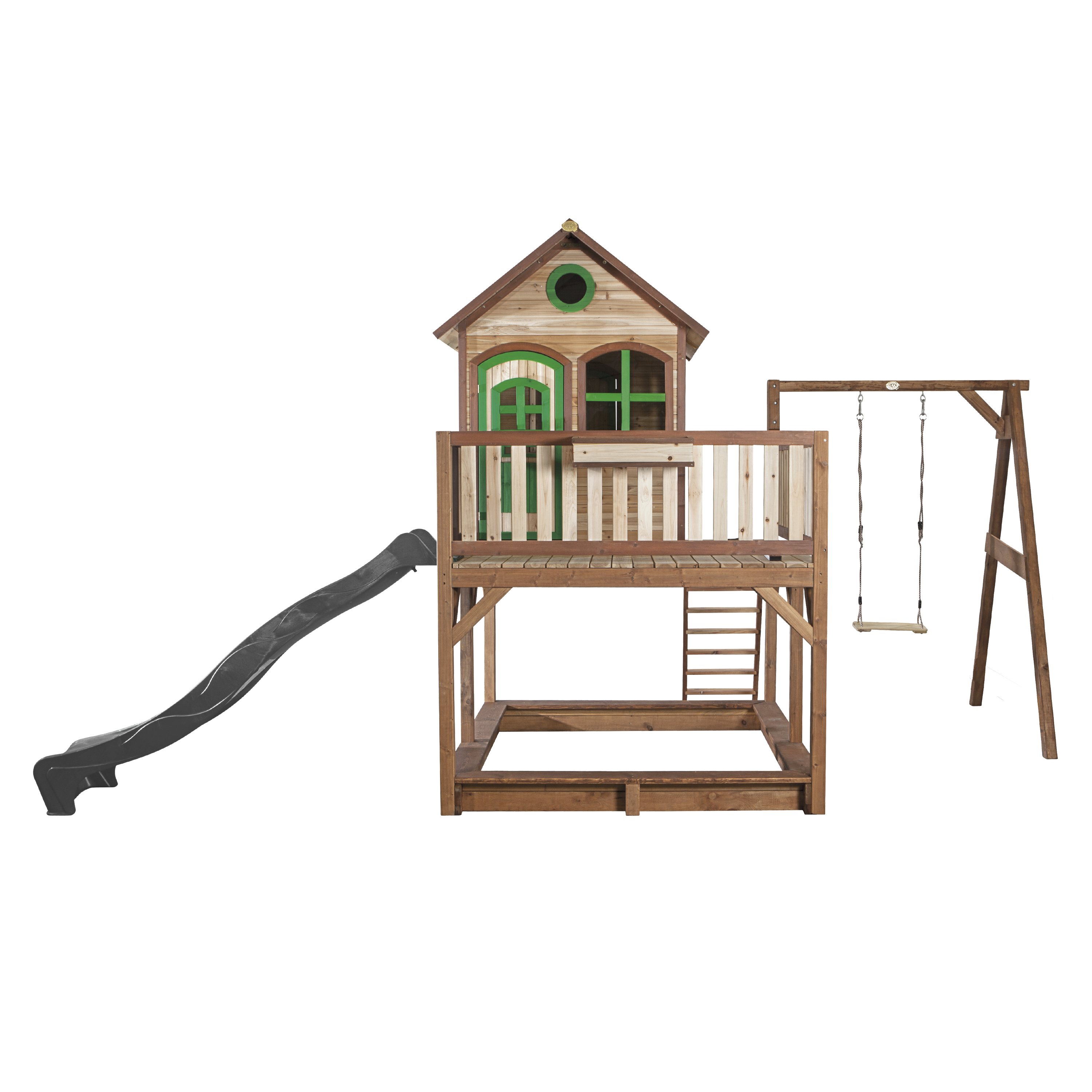 Liam Playhouse with Single Swing Brown/Green - Grey Slide