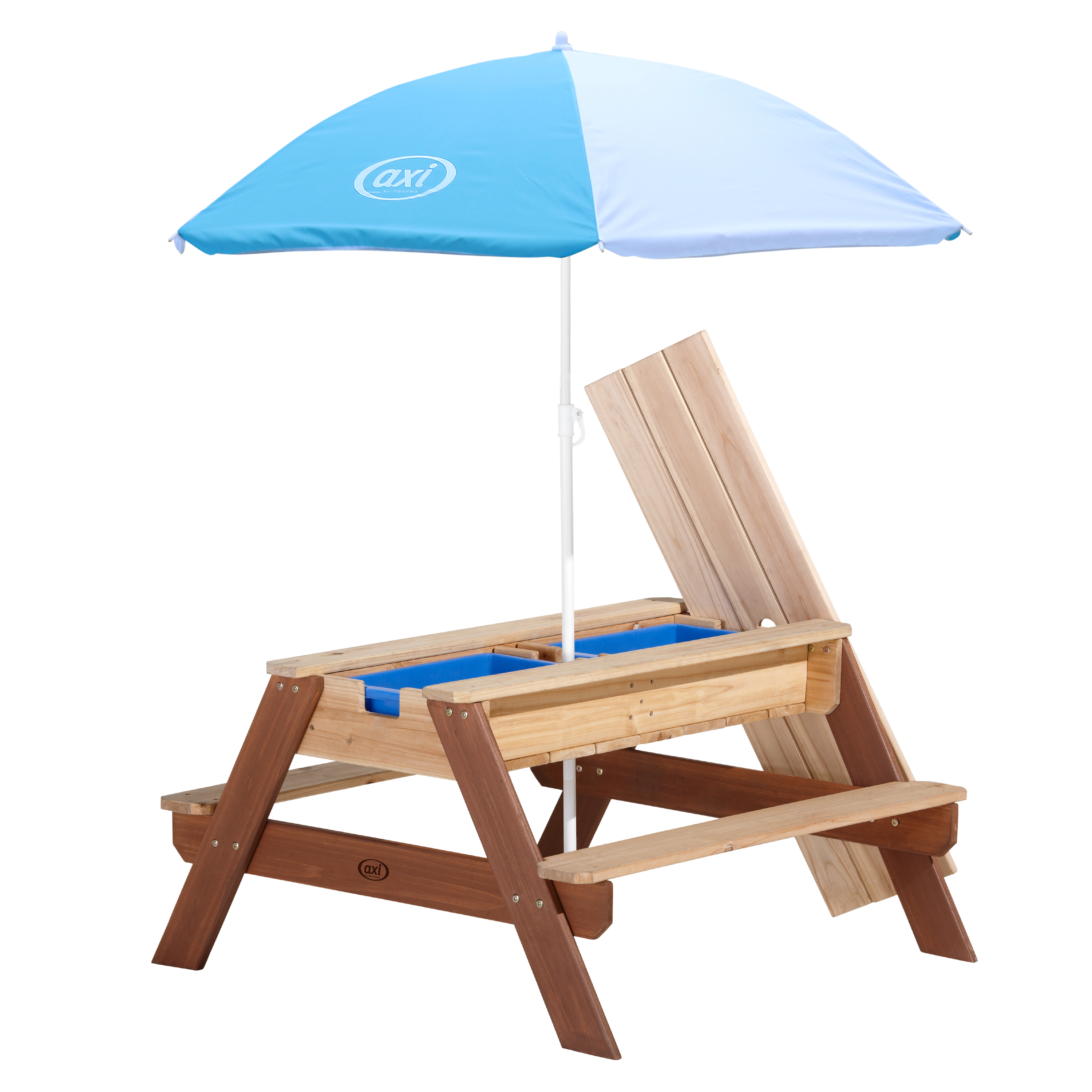 Nick Zand & Water Picknicktafel Bruin - Parasol Blauw/wit