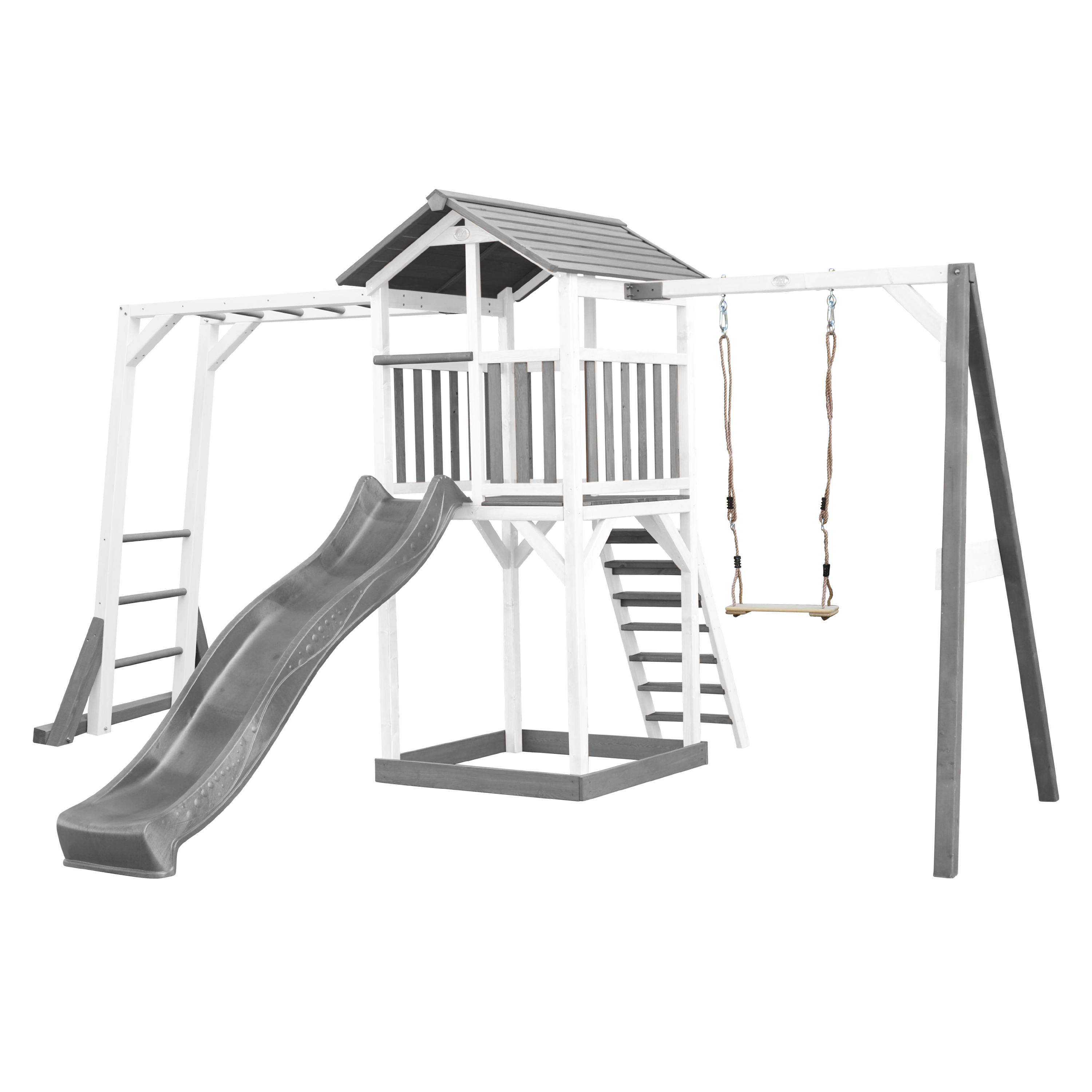 Beach Tower with Climbing Frame and Single Swing Grey/White - Grey Slide