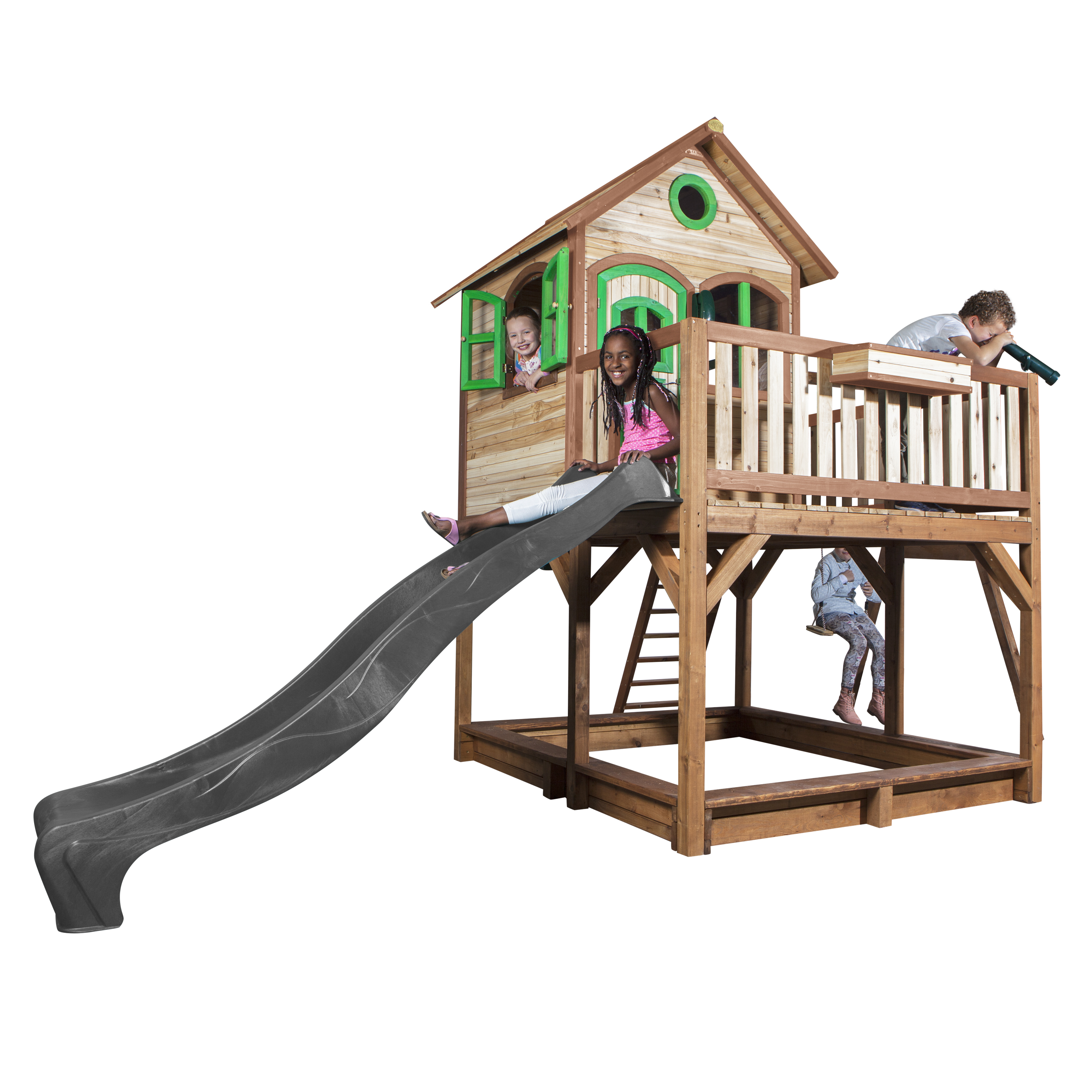 Liam Playhouse with Single Swing Brown/Green - Grey Slide