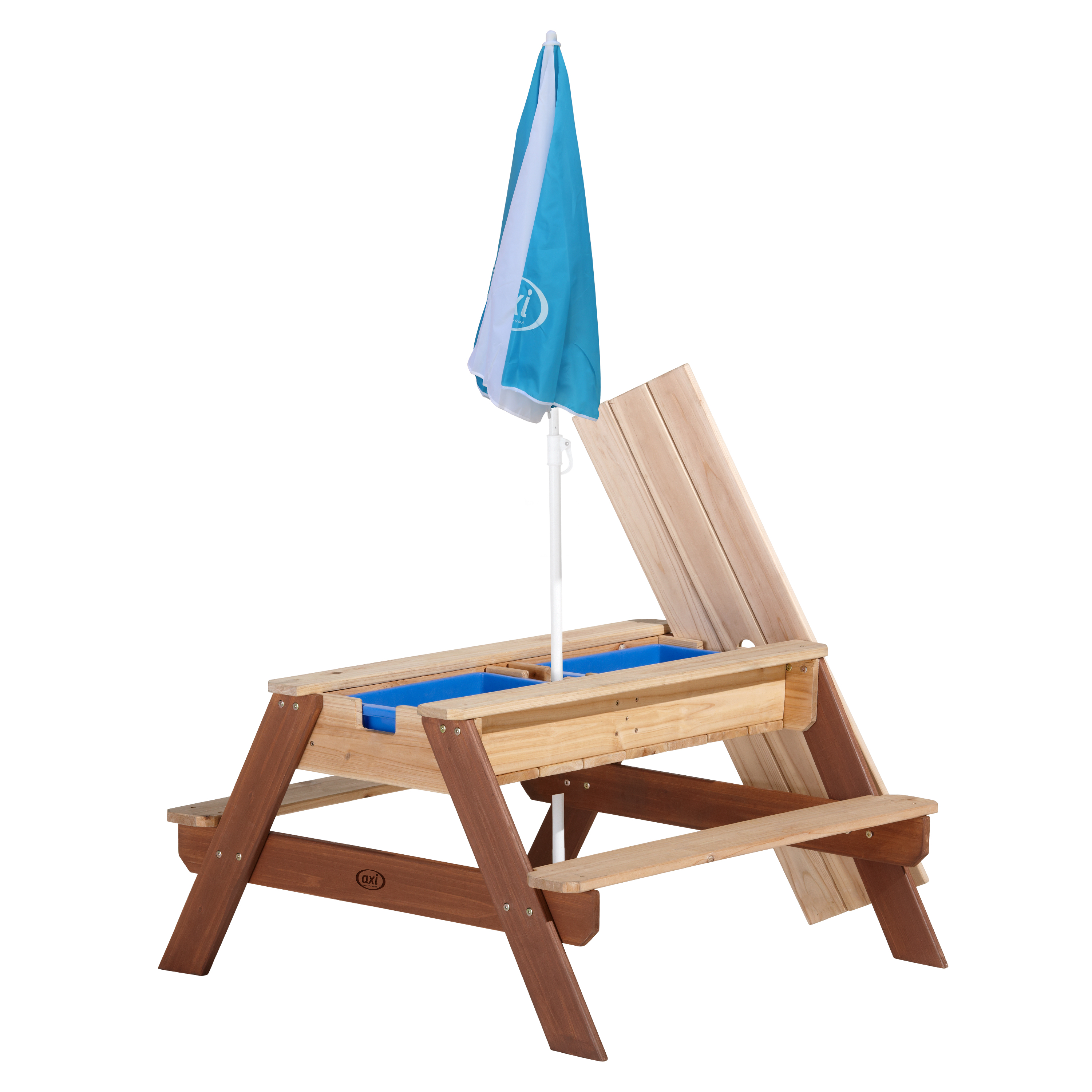 Nick Zand & Water Picknicktafel Bruin - Parasol Blauw/wit