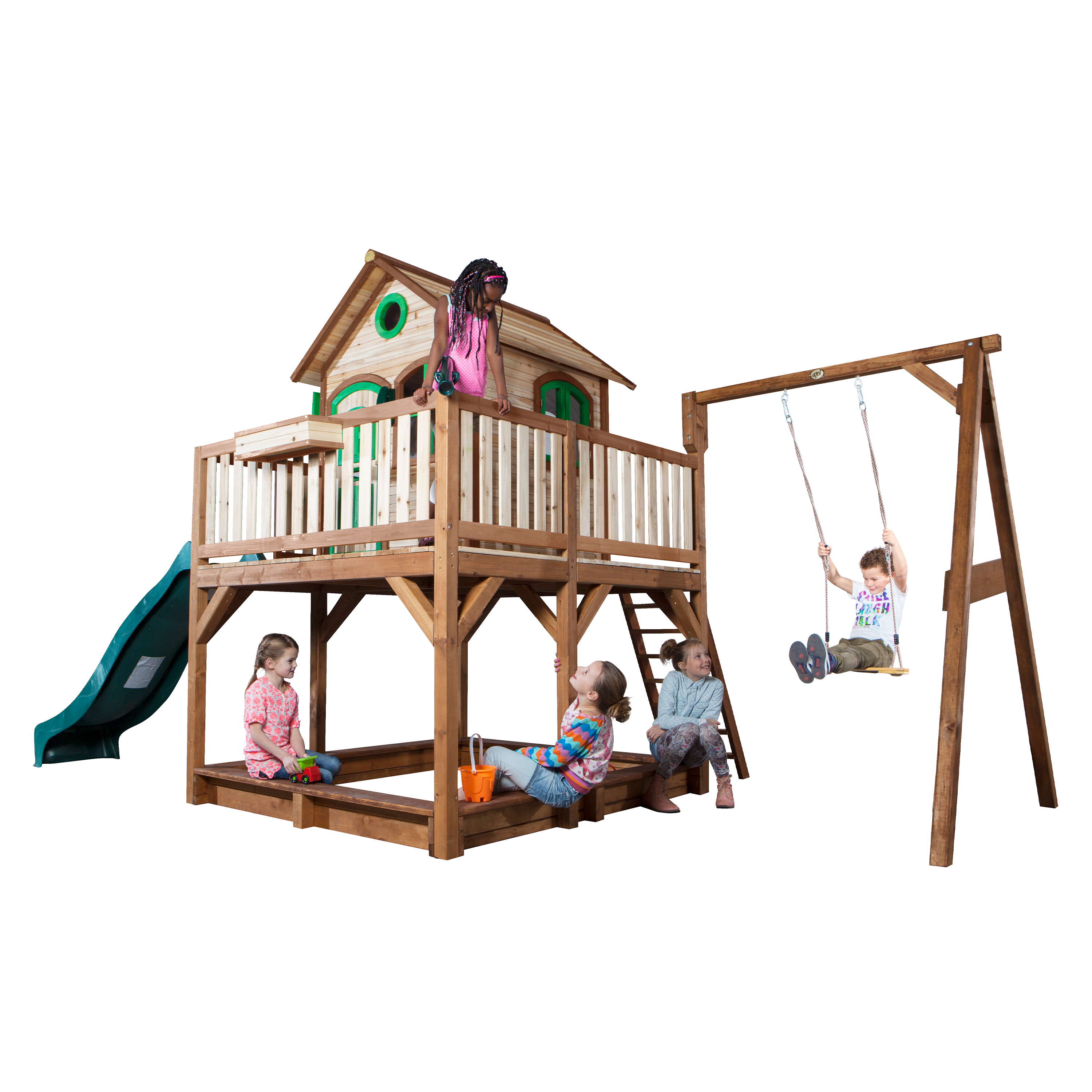 Liam Playhouse with Single Swing Brown/Green - Green Slide