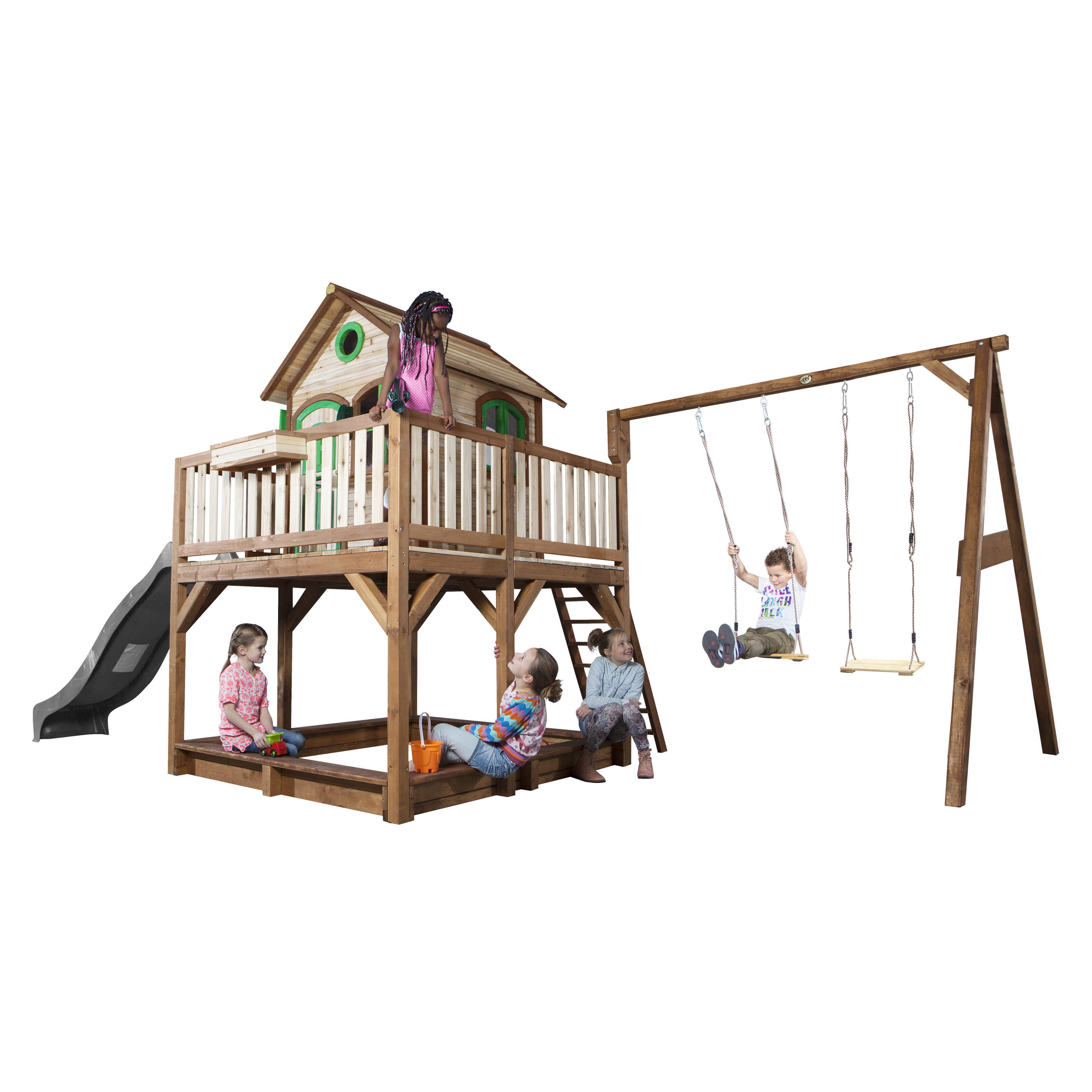 Liam Playhouse with Double Swing Brown/Green - Grey Slide