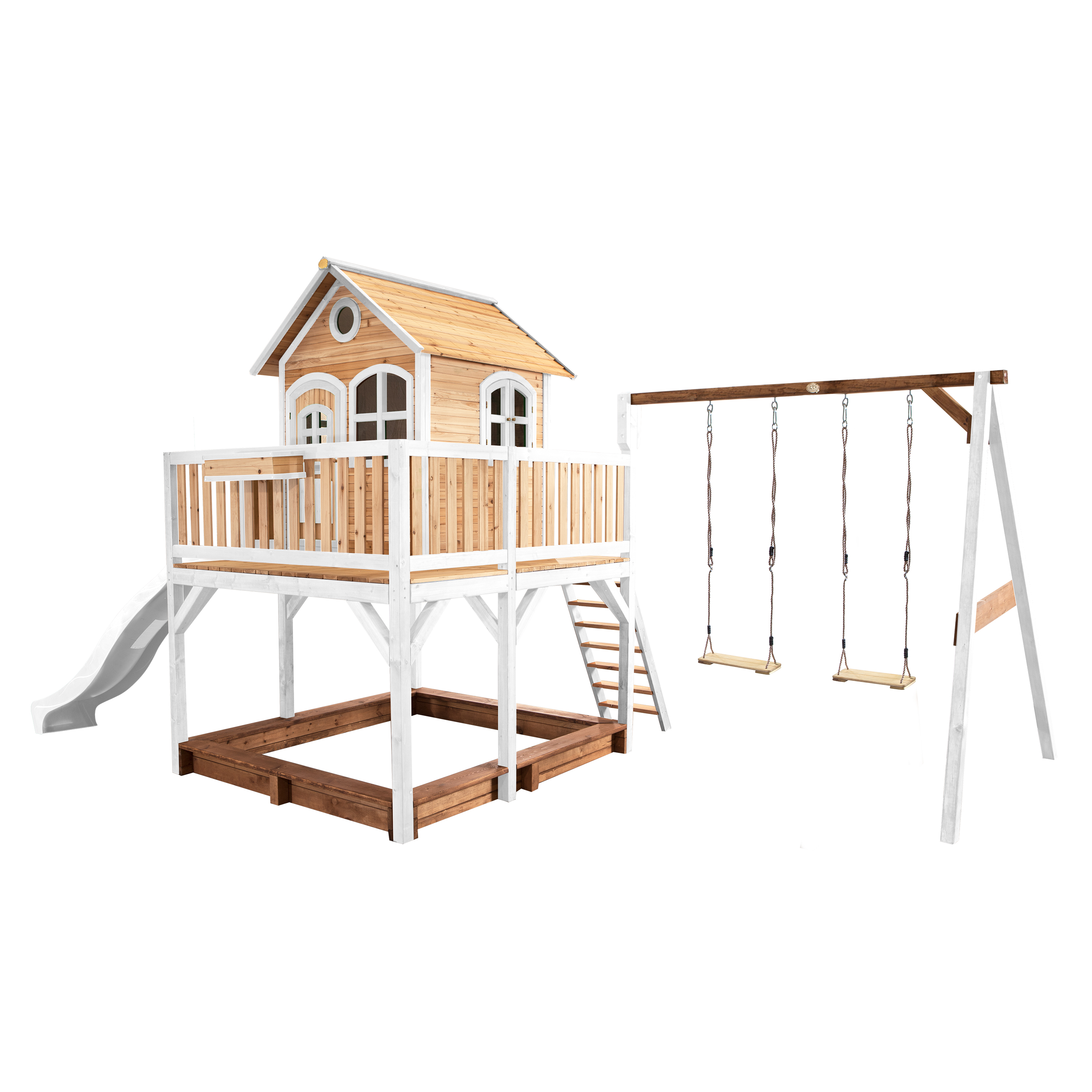 Liam Playhouse with Double Swing Brown/White - White Slide