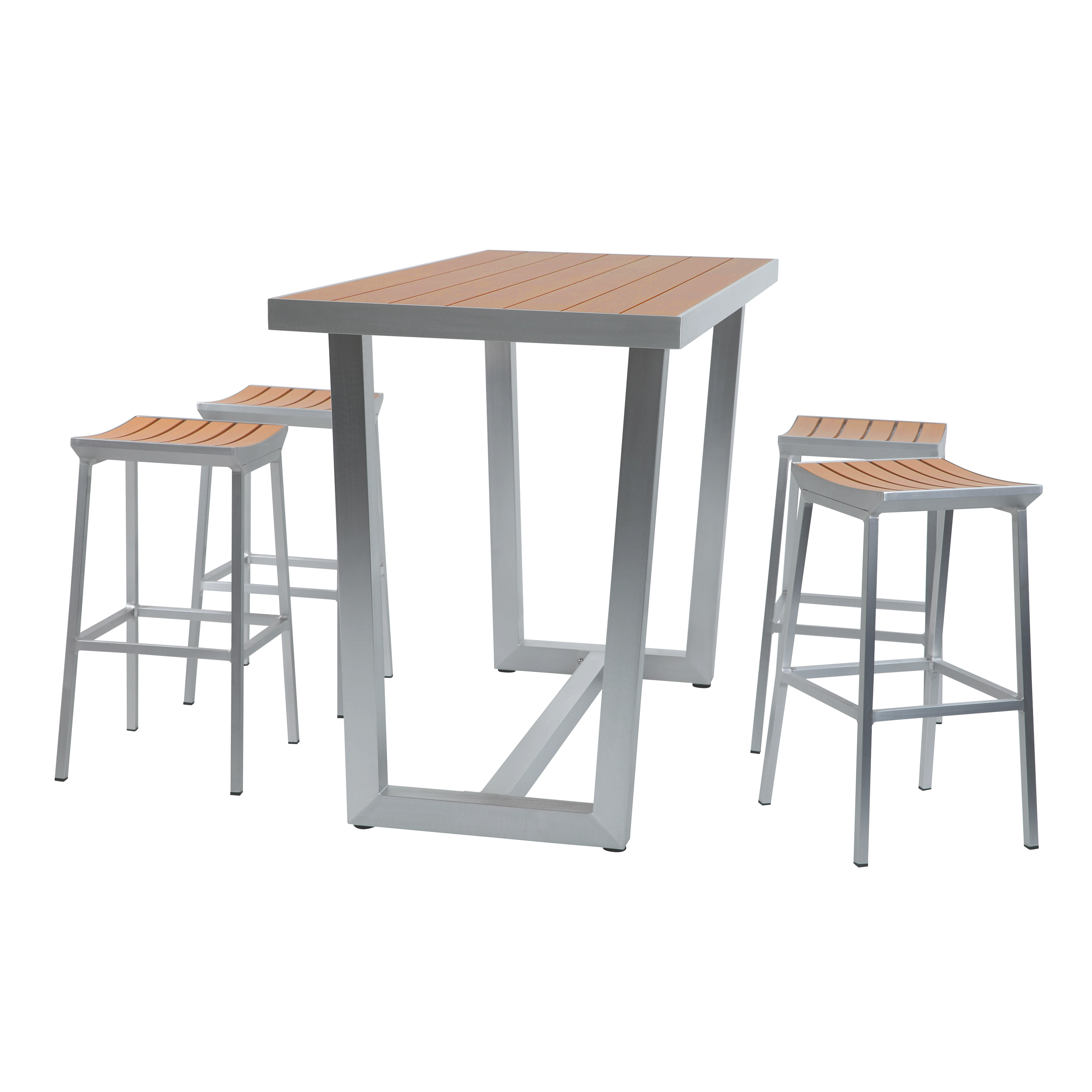 James Garten Bartisch mit 4 Barhockern aus Aluminium in Holz